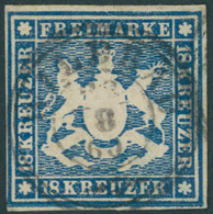 WÜRTTEMBERG 15 O, 1859, 18 Kr. Blau, Zentrischer K3, Leichte Rückseitige Schürfung Sonst Vollrandig Pracht, Gepr. Thoma, - Other & Unclassified