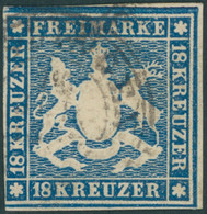 WÜRTTEMBERG 15 O, 1859, 18 Kr. Blau, Links Etwas Angeschnitten Sonst Vollrandig Pracht, Gepr. Pfenninger, Mi. 1500.- - Other & Unclassified