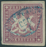 WÜRTTEMBERG 42b O, 1873, 70 Kr. Rotlila, Blauer Fächerstempel, Voll-breitrandig, Rückseitige Schürfungen, Feinst, Divers - Other & Unclassified