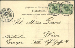 DP CHINA 2II Paar BRIEF, 1900, 5 Pf. Steiler Aufdruck Im Senkrechten Paar Auf Ansichtskarte Von TSCHIFU Nach Wien, Prach - China (offices)