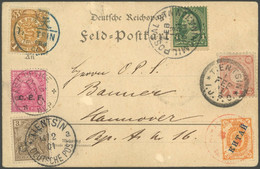 DP CHINA 8 BRIEF, 1901, 3 Pf. Handstempelaufdruck Mit Stempel TIENTSIN A 14.2.01 Auf Karte Nach Hannover Zusammen Mit Ma - China (offices)