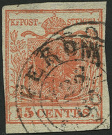 LOMBARDEI UND VENETIEN 3XaR O, 1850, 15 C. Zinnoberrot, Handpapier, Type I, Geripptes Papier, K2 VERON(A), Rechts Teils  - Lombardy-Venetia