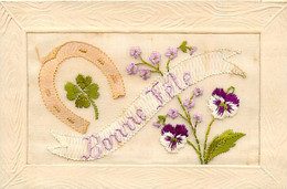 CARTE BRODEE - FER A CHEVAL ET TREFLE A 4 FEUILLES PORTE BONHEUR - Embroidered