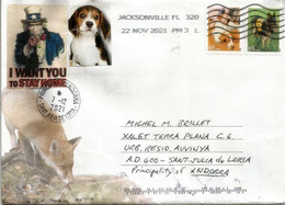 Letter From Jacksonville (dogs) Sent To Andorra (PRINCIPALITY), With COVID-19 Sticker I WANT YOU TO STAY HOME - Storia Postale