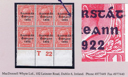 Ireland 1922-23 Thom Saorstat 3-line Overprint On 1d, Var 'Frame Broken' Row 19/12 In A Control T22 Perf Block Of 6 Mint - Ongebruikt