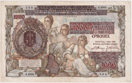 SERBIA , 1000 DINARA 1.5.1941. OVERPRINT - Serbie