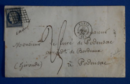 R21 FRANCE BELLE LETTRE 1851 PARIS POUR PODENSAC TAXE ET CACHET CIRE ROUGE+ N 4+ AFFRANCHISSEMENT  GRILLE PLAISANT - 1849-1850 Ceres