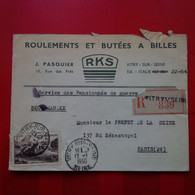 LETTRE RECOMMANDE VITRY SUR SEINE ROULEMENTS ET BUTEES A BILLES POUR PARIS - Brieven En Documenten