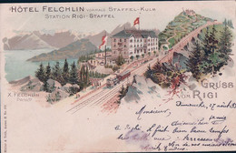Gruss Vom Rigi - Staffel, Hôtel Felchlin, Chemin De Fer Et Train, Litho (28.8.1899) - LU Lucerne