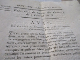 Révolution Haute Garonne Toulouse Avis 3 Prairial An X Pensions Des Ecclésiastiques Préfet Dantigny - Decrees & Laws