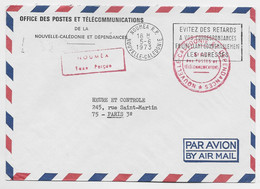 NOUVELLE CALEDONIE LETTRE FRANCHISE OFFICE PTT NOUMEA RP 5.6.1973 + GRIFFE NOUMEA TAXE PERCUE - Covers & Documents