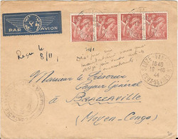 Lettre Recommandée Sauzé Vaussais Deux Sèvres Pour Brazzaville Congo 1944 Censure Censor Geoffnet Examiner Censura - Posta Aerea