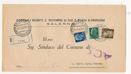 1944 LUOGOTENENZA SALERNO RACCOMANADTA TRICOLORE DA OSPEDALE RUGGI D'ARAGONA 1,25+0,10+0,25 - Marcofilie
