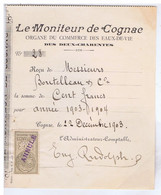 CHARENTE - Reçu Le Moniteur De COGNAC - Organe Du Commerce Des Eaux-de-Vie Des Deux-Charentes ( 1903 ) - Manuskripte