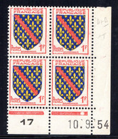 YT-N°: 1002 - Blason Du BOURBONNAIS, Coin Daté Du 10.09.1954, Galvano B De A+B, 1er Tirage, NSC/**/MNH - 1950-1959
