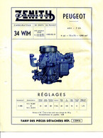 AUTOMOBILE.REGLAGES & TARIF DES PIECES DETACHÉES DU CARBURATEUR " ZENITH " POUR PEUGEOT 403. 7 CV. - Non Classés