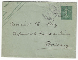 PARIS 102 R Pasteur Entier Enveloppe 15c Semeuse Lignée 123x96 Date  ? Storch B11 Yv 130-E1 Dest Bordeaux - Sobres Tipos Y TSC (antes De 1995)