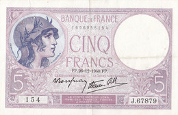 Billet 5 F Violet Du 26-12-1940 FAY 04.18 Alph. J.67879 Dernière Date D'émission - 5 F 1917-1940 ''Violet''