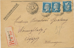FRANKREICH 1926 Louis Pasteur 50 C Und 1 Fr (2x) Pra.-R-Brief (oben Beschnitten) Mit Not-R-Zettel „PARIS-1“ Nach LEIPZIG - Cartas