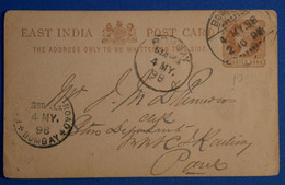 N20 INDE BELLE CARTE 1898 BOMBAY POUR PARIS FRANCE + AFFRANCHISSEMENT INTERESSANT - 1882-1901 Impero