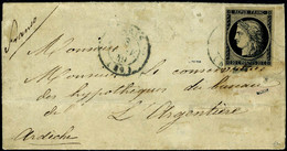 Lettre N° 3, 20c Noir Obl Petit Cachet à Date Bleu Du 3 Janv 1849 (1ère Date D'utilisation 2 Janv) S/Lettre De Paris à L - Other & Unclassified