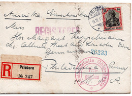 55861 - Deutsches Reich - 1915 - 40Pfg. Germania EF A. R-Bf. M. Dt. Zensur  PRIEBORN -> PHILADELPHIA, PA (USA) - Briefe U. Dokumente