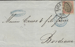 1878- Letter From KJOBENHAVN  To Bordeaux ( France ) Fr. Y & T N° 26 A  + Entrance Blu  2 Danemark 2 Erquelines - Marques D'entrées