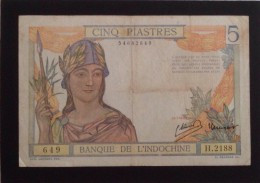 Indochine Indochina Vietnam Viet Nam Laos Cambodia 5 Piastres VF Banknote 1946 - Pick # 55c / 02 Photos - Indocina