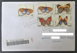 165.URUGUAY 2007 USED REGISTERED AIRMAIL COVER TO INDIA WITH STAMPS , BUTTERFLIES . - Uruguay