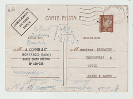 4756 Entier Carte Postale PETAIN 1942 WW2 Complément De Taxe Perçu COPPIN MONTARGIS Cuir DESHAYES CHAUSSURES Voulx - Cartoline Postali Ristampe (ante 1955)