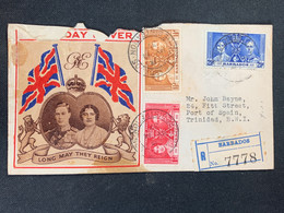 Enveloppe Illustrée Recommandée 1937 De Barbades  Vers Trinidad Couronnement Roi Georges VI Elisabeth - Barbados (...-1966)