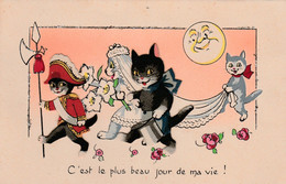 CPA  Ajouti Découpi Collage Animmal Humanisé Chat Noir Black Cat Katze Gatto Mariage Mariés Astre Soleil Illustrateur - Cats