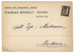 13.354 - ROVIGO - CEDOLA COMMISSIONI LIBRARIE - STANISLAO BEDINELLO - STORIA POSTALE - LETTERA COMMERCIALE 1940 - Rovigo