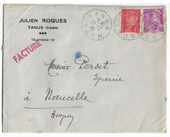 TANUS Tarn Lettre Entête ROQUES Facture1F Pétain 20c Mercure Yv 410 514 Ob 1942 Cercle Pointillé Recette Distribution B4 - Handstempel