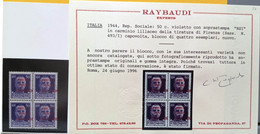 ITALIA REPUBBLICA SOCIALE - 1944 - QUARTINA SOPRASTAMPA CAPOVOLTA EX 493/I - SASS 493a - NUOVO MNH ** - CERT RAY - Correo Urgente