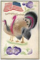 Cpa Gaufrée Embossed, THANKS GIVINA GREETINGS, Dinde Turkey Drapeau Fleurs - Giorno Del Ringraziamento