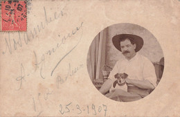 Cp Carte Photo Homme Et Son Chien Cachet 1907 - Photos