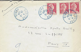 1955 - Enveloppe PNEUMATIQUE Affr. Muller 15 F X 3 Oblit. Bleue De BOURSE / PARIS - 1921-1960: Modern Tijdperk