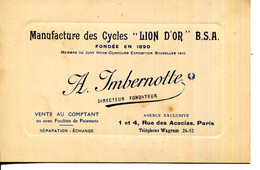 PARIS.CARTE VISITE.MANUFACTURE DES CYCLES " LION D'OR "A.IMBERNOTTE DIRECTEUR-FONDATEUR. - Non Classés