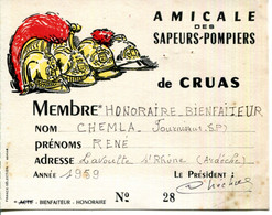 07.ARDECHE.CRUAS.AMICALE DES SAPEURS POMPIERS.CARTE DE MEMBRE HONORAIRE-BIENFAITEUR. - Non Classés