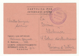 CAMPO CONCENTRAMENTO INTERNATI CIVILI PADOVA  1942  -  S.PIETRO DI MADRASSO COSINA D'ISTRIA - Storia Postale