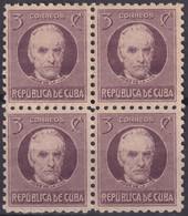 1917-388 CUBA REPUBLICA 1917 3c PATRIOT  LUZ Y CABALLERO BLOCK 4 ORIGINAL GUM. - Nuevos