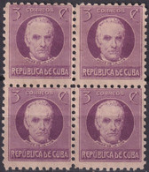 1917-389 CUBA REPUBLICA 1917 3c PATRIOT LUZ Y CABALLERO BLOCK 4 ORIGINAL GUM. - Unused Stamps