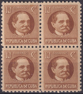 1917-392 CUBA REPUBLICA 1917 10c PATRIOT ESTRADA PALMA BLOCK 4 ORIGINAL GUM. - Nuevos