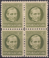 1917-394 CUBA REPUBLICA 1917 20c PATRIOT JOSE ANTONIO SACO BLOCK 4 ORIGINAL GUM. - Nuevos