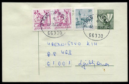 YUGOSLAVIA 1987 Posthorn 70 D. Stationery Card Used With Additional Franking.  Michel  P191 - Entiers Postaux