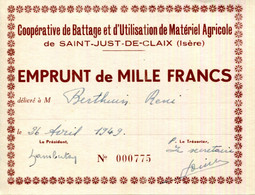 38.ISERE.SAINT JUST DE CLAIX.COOPERATIVE DE BATTAGE & D'UTILISATION DE MATERIEL AGRICOLE.EMPRUNT DE MILLE FRANCS. - Non Classés