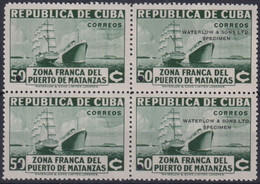 1936-400 CUBA 1936 50c ZONA FRANCA SHIP BLOCK4 WITHOUT & WHITH SPECIMEN NO GUM. - Ungebraucht