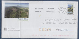 Entier Les Volcans D'Auvergne Enveloppe Type Timbre 3945 Oblitéré 6.1.14 Illustration Les Puys De La Vache & De Lassolas - PAP: Private Aufdrucke