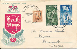 New Zealand Health Stamps Souvenir Cover Uprated And Sent To Denmark Blendheim 7-10-1953 - Covers & Documents